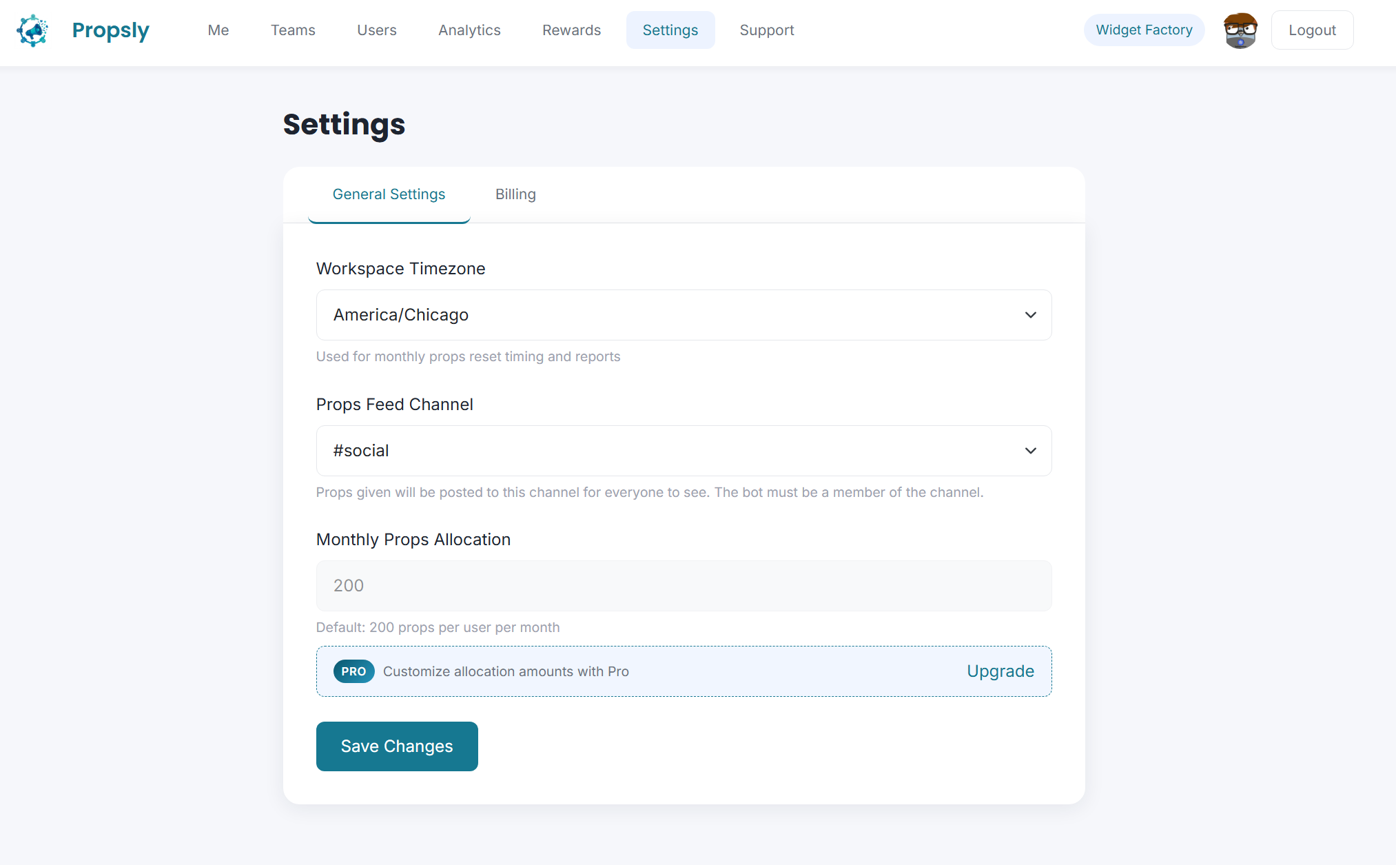 Settings page with feed channel dropdown